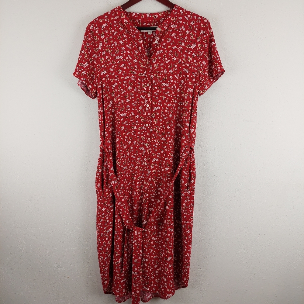 Loft Red Ditzy Floral Short Sleeve Tie Waist Midi Shirt Dress Size 8 Button Down